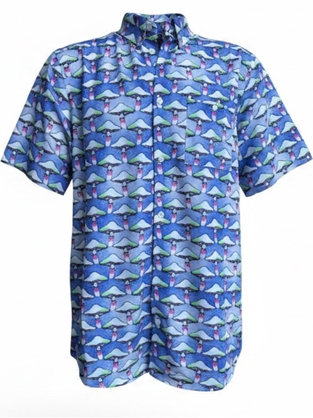 NEW WeSC Men's Mushroom Print Button Down Camp Shirt Psychedelic Blue Large